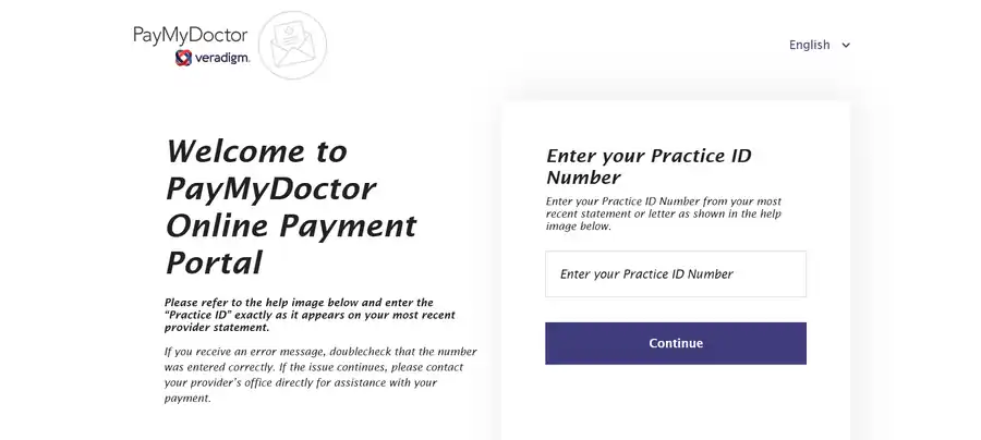 Third-party screenshot of the Veradigm PayMyDoctor patient login page with fields for username and password
