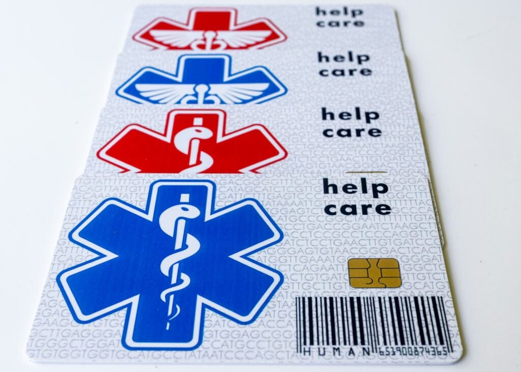A medical ID card with medical symbols, representing insurance and patient information
